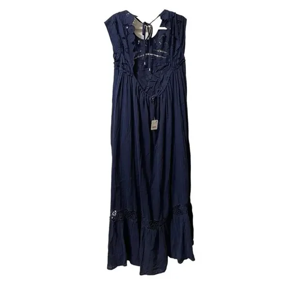Free People Blue Short Sleeve Maxi Dress Size L New - Picture 3 of 5